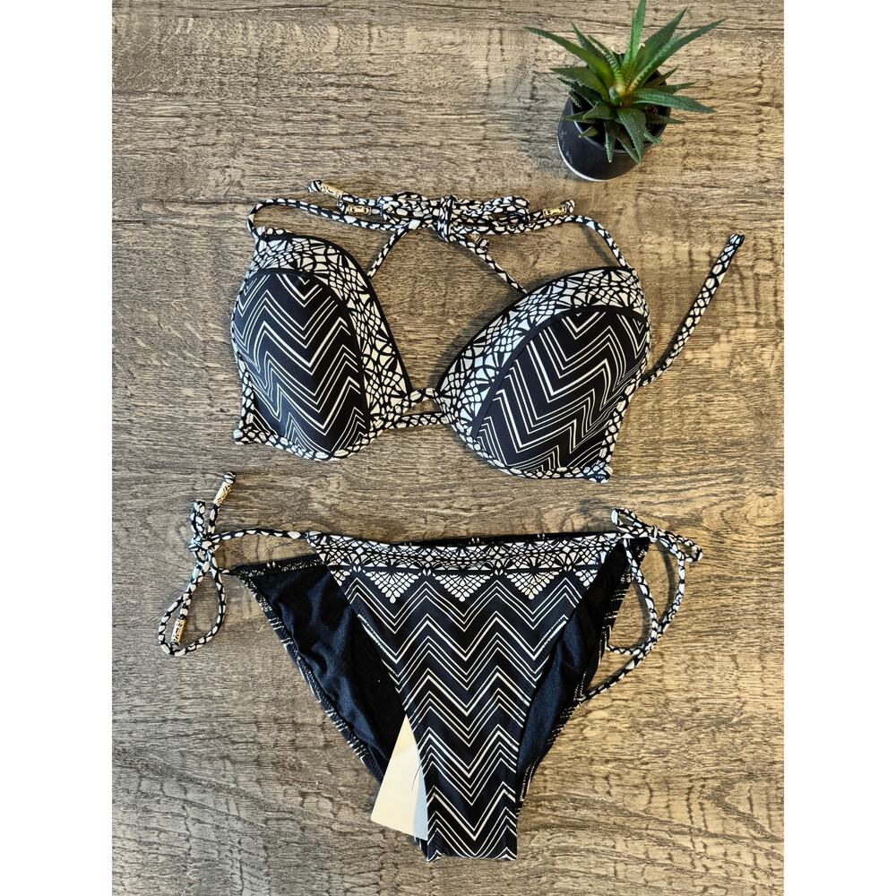 Gottex Black White Print Bikini Set | Tribal Chevron Tie Halter Swimwear Size 8